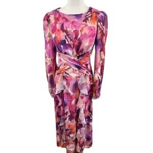 Aqua Formal Floral Maxi Dress Long Sleeve Ruffle‎ Pink Purple Women's Size 6
